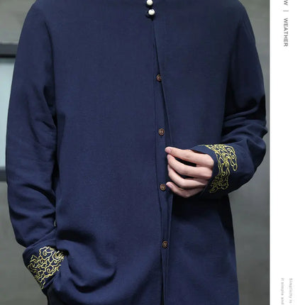 Camicie da Uomo di Alta Qualità con Ricami in Stile Cinese, Colletto Rialzato Retrò, in Lino Comodo e Traspirante, Camicie Casual da Uomo