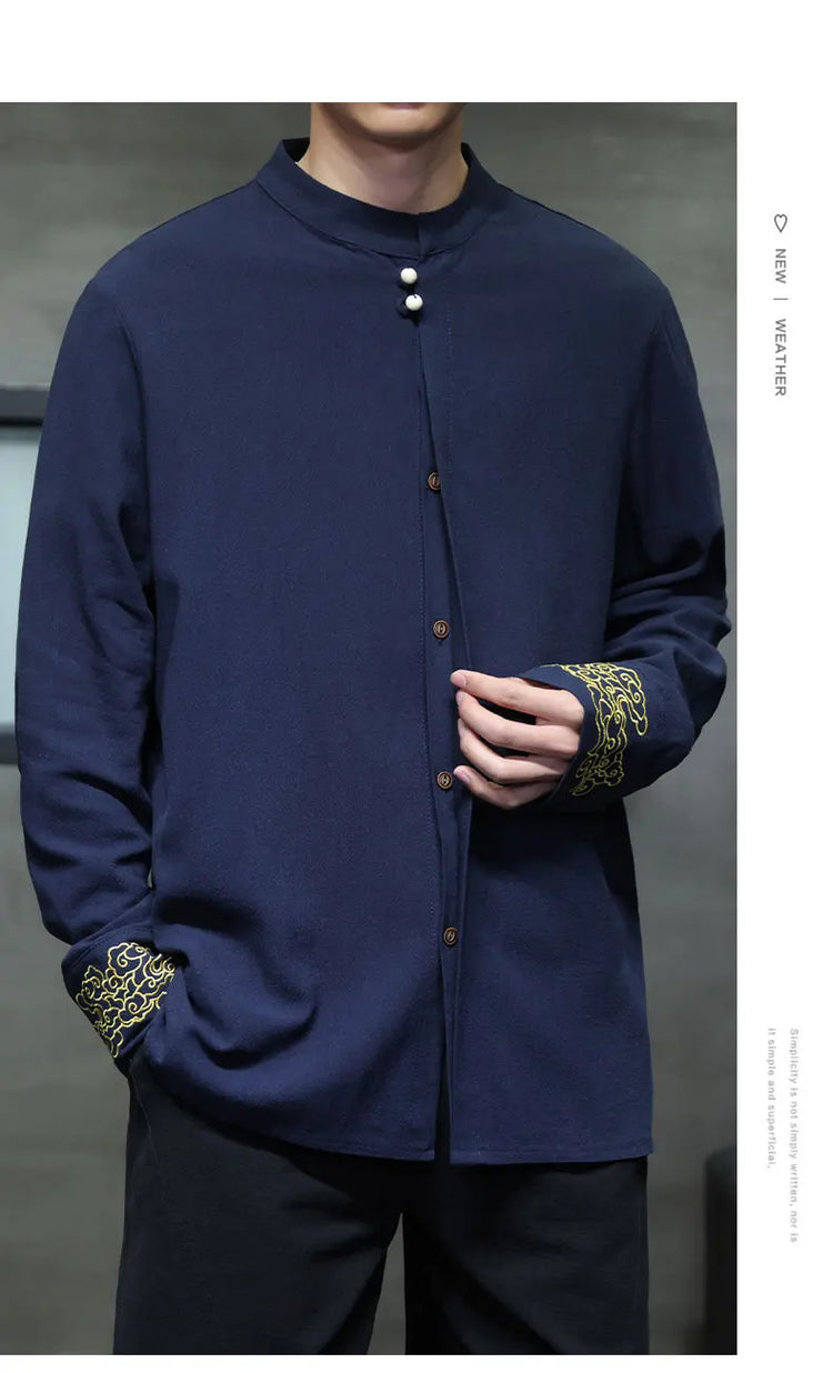 Camicie da Uomo di Alta Qualità con Ricami in Stile Cinese, Colletto Rialzato Retrò, in Lino Comodo e Traspirante, Camicie Casual da Uomo