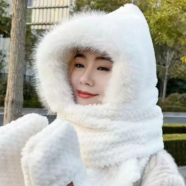 New Fashion Scarf Hat Glove Women Cute Big Ear Bunny Beanie Winter Warm Soft Thickening Pocket Warm Ear Hats Hooded Skullie Caps