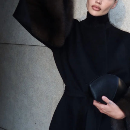 Lady Long Wool Blend Coat Stand Collar Faux Fur Cuffs Belted Waist Loose Oversized Maxi Wrap Outerwear Elegant Winter Overcoat