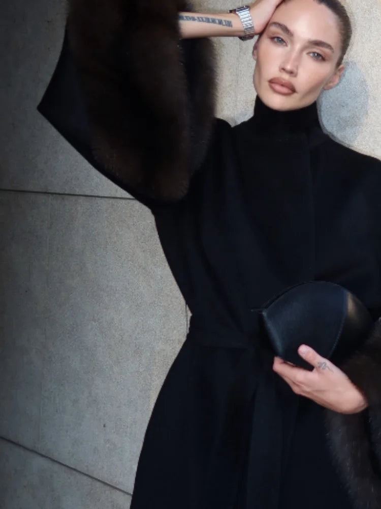 Lady Long Wool Blend Coat Stand Collar Faux Fur Cuffs Belted Waist Loose Oversized Maxi Wrap Outerwear Elegant Winter Overcoat
