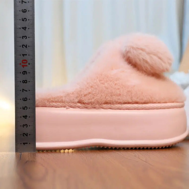 New Pink Bow Slippers Winter Women's Shoes Thick Sole Fuzzy Slippers for Home Mules Shoes Woman Fluffy Metal Bear House Slipper