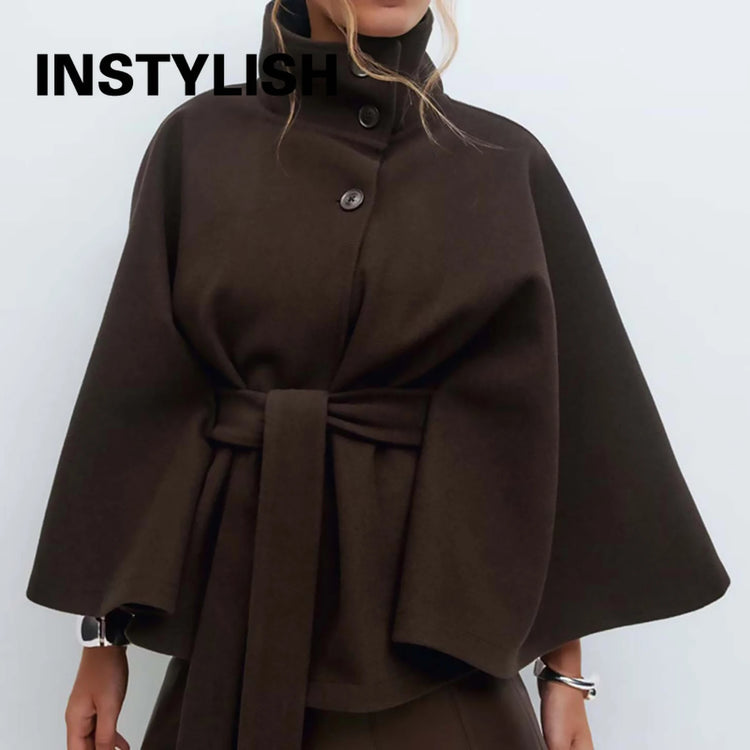 Women Lace Up High Neck Jackets for Women with Belt Elegant Windbreaker Faux Wool Blends Cape Korean Solid Windbreaker Cloak