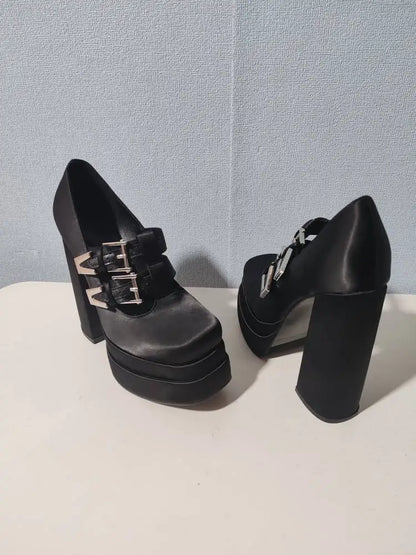 Arden Furtado Black silk Platform Pumps Square toe Belt buckle Super high heel Sexy Catwalk shoes Large size high-heeled shoes