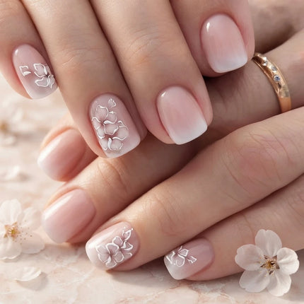 24Pcs Short Simple Gradient Flower Pattern Press‑On Nails Include 1 Jelly Glue And 1 Nail File Manicure Kit