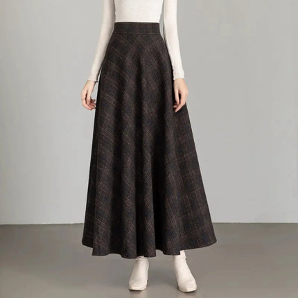New Women Thick Woolen Skirt Autumn Winter Fashion Elastic High Waist A-Line Long Plaid Skirt Elegant Easy Match Wool Skirt PlatiNum