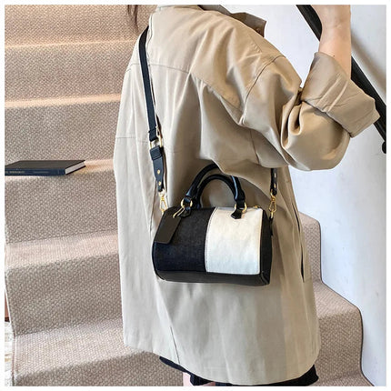 Patchwork Colorblock Mini Handbags For Women Denim Shoulder Cross Body Bags Casual Street Small Boston Bag 2025 Designer Purses PlatiNum