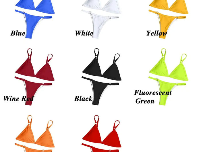 Costume da bagno bikini sexy da donna in tinta unita con fibbia in metallo decorato con costumi da bagno brasiliani per vacanze al mare platinumshop