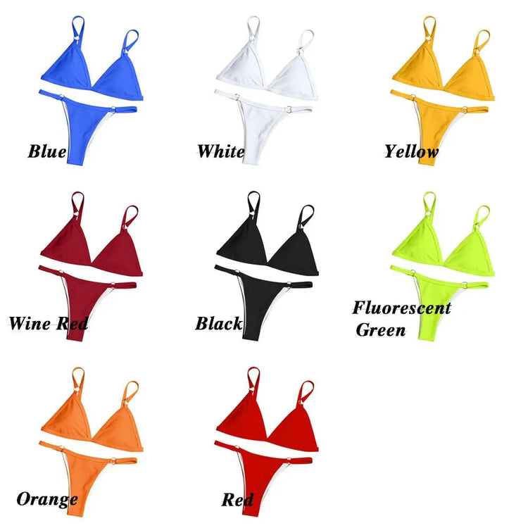 Costume da bagno bikini sexy da donna in tinta unita con fibbia in metallo decorato con costumi da bagno brasiliani per vacanze al mare platinumshop