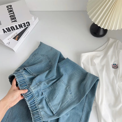 Jeans lavati curvi di seta pantaloni estivi in Denim a gamba larga larghi a vita alta da donna