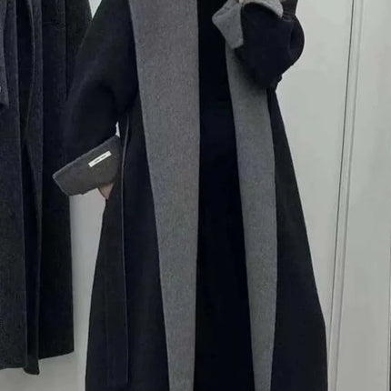 UCXQ Color Blocked Double Sided Wool Coat For Women Hooded Long Sleeved Belt Cardigan Coats 2025 Autumn Winter New Tide 23Z3934