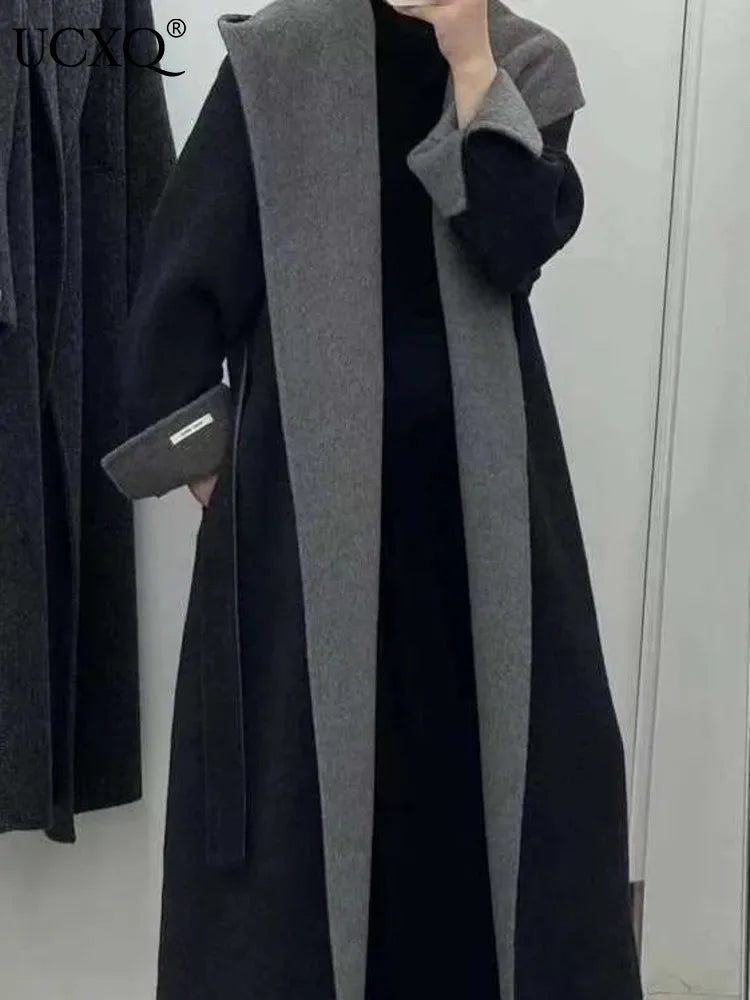 UCXQ Color Blocked Double Sided Wool Coat For Women Hooded Long Sleeved Belt Cardigan Coats 2025 Autumn Winter New Tide 23Z3934
