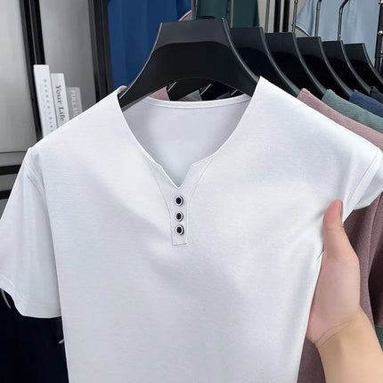 New Men's Casual and Fashionable Three Button V-neck Solid Color Short Sleeved T-shirt Summer Versatile Top PlatiNum