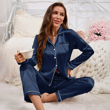 Pijama de mujer de otoño lujoso pijama de manga larga de satén liso elegante cuello con solapa top y pantalones largos ropa de dormir y pijama