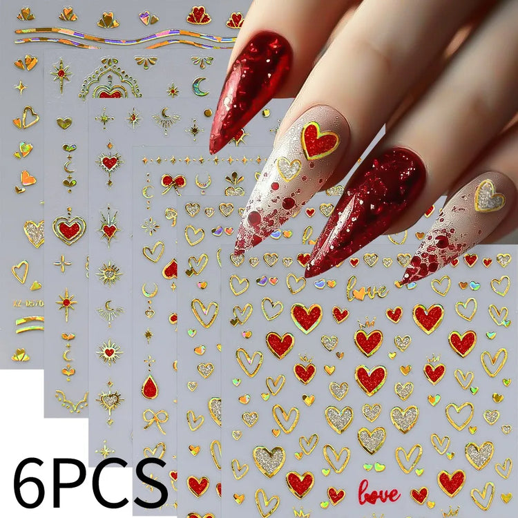 8pc 3D Mixed Color Heart Nail Stickers Valentines' Day Sweet Red Pink Love Selfadhesive Nail Decoration Decals Manicure 2027