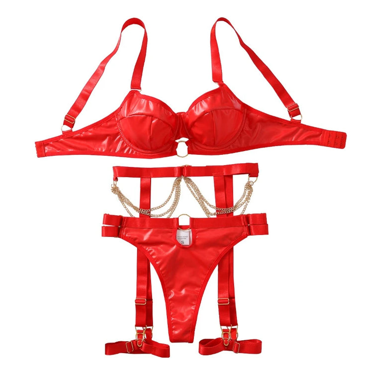 Foreign trade hot nightclub temptation metal chain sexy lingerie set spicy girl charming adjustable bra four piece set for women
