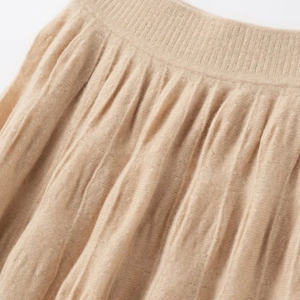 Women Cashmere Skirt A-Line Jacquard Elastic Waist Flared Skirt Autumn Winter 100% Cashmere Knitted Office Lady Curled Hem Dress PlatiNum