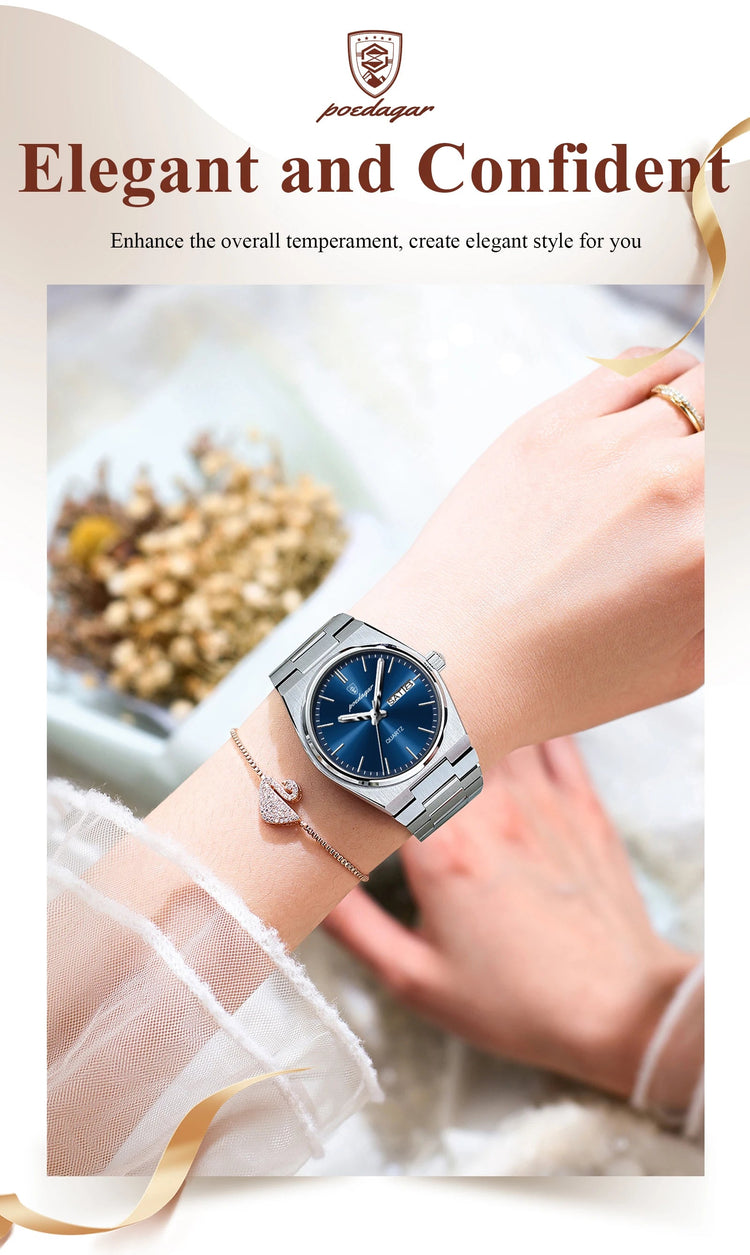 POEDAGAR Top squisito orologio da polso da donna impermeabile al quarzo luminoso orologio da donna casual data settimana orologi da donna in acciaio inossidabile platinumshop