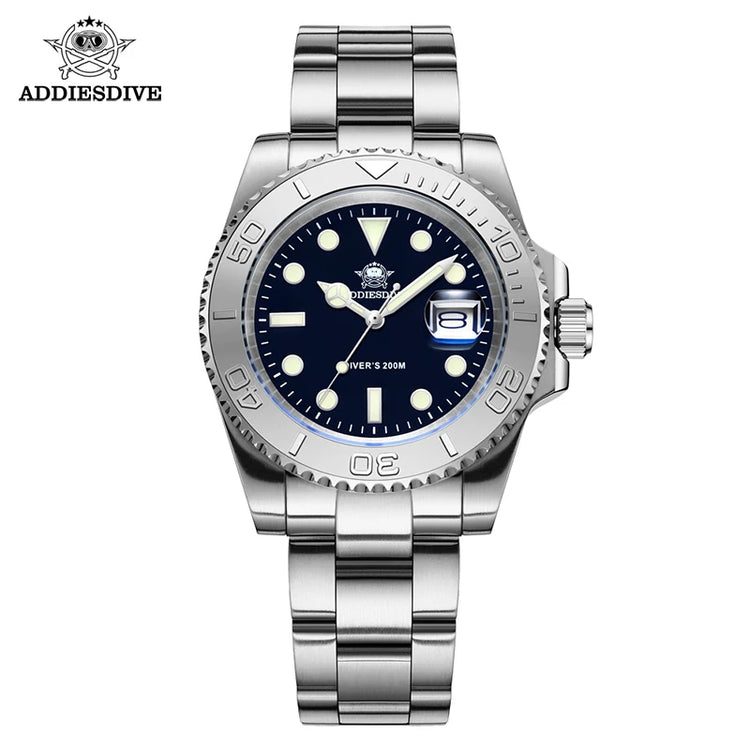 ADDIESDIVE Men's Quartz Watch 200m Waterproof Ceramic Bezel Steel Watch Magnifying Mirror Glass BGW9 Blue Luminous Diving Watch