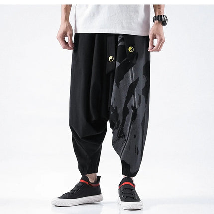 Pantaloni alla moda da uomo Samurai giapponese Ukiyo-e Cintura con stampa Pantaloni stile harem da uomo in cotone e lino Casual Oversize Harajuku Pantaloni a gamba larga da uomo