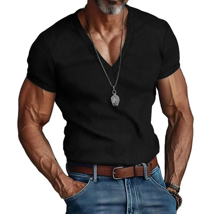 Men's European and American Summer Corduroy Solid Color Slim Casual V-Neck T-Shirt Amazon