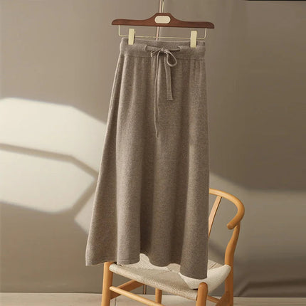 Autumn And Winter100% Pure Wool Skirt Women's Long Pocket Small A Skirt High Waist Slim Cashmere Knit A-Line Skirt PlatiNum