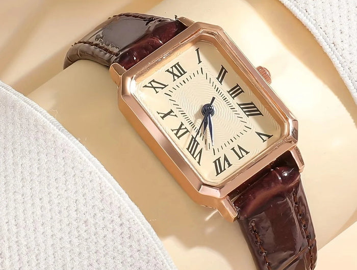 Orologio al quarzo con puntatore rettangolare Casual orologio da polso analogico in pelle PU retrò moda roma per donna e ragazza platinumshop