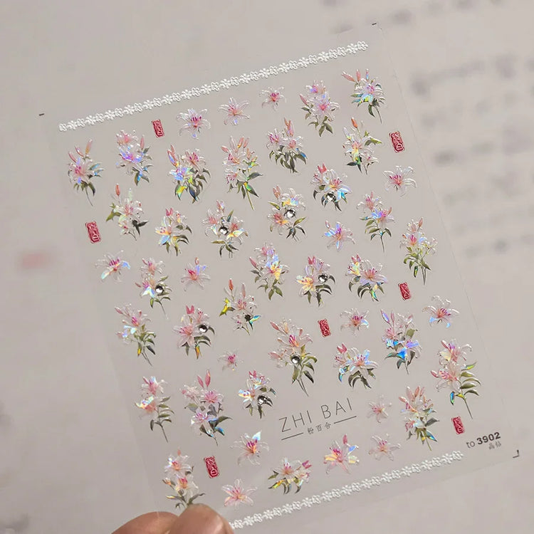 5D Kawaii Lily Nail Art Stickers 1pcs Japanese Pink White Flower With Diamond Self Adhesive Nail Decorations Slider Decals DIY