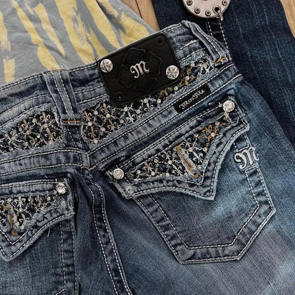 Jeans Boot Cut Retrò Miss Me da Donna, Nuovi Jeans Blu Y2K con Tasche Ricamate, Stile Hip Hop Harajuku Gotico, Pantaloni Larghi Streetwear