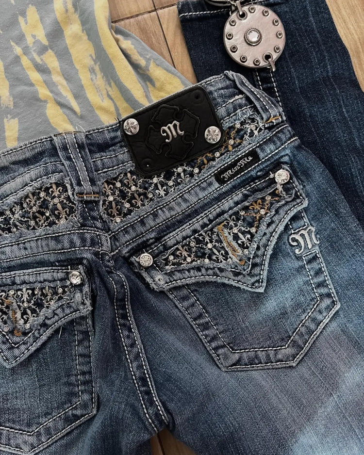 Jeans Boot Cut Retrò Miss Me da Donna, Nuovi Jeans Blu Y2K con Tasche Ricamate, Stile Hip Hop Harajuku Gotico, Pantaloni Larghi Streetwear