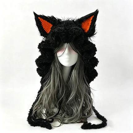 Custom Hand‑Crocheted Black Red Fox Ear Hood Women Soft Knitted Long Ties Beanie Gothic Unisex Dark Fairy Winter Warm Accessory