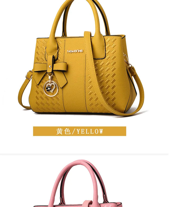 Bow Metal Pendant Top Handle Satchel Crossbody Bag, PU Leather Textured Bag Purse, Classic Versatile Fashion Shoulder Bag PlatiNum