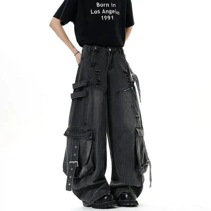 IEFB Jeans da uomo stile americano tinta unita multi tasche pantaloni casual usurati decostruzione pantaloni in denim a gamba larga 9W4066