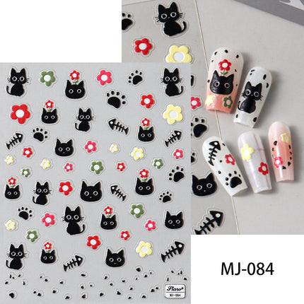 Cute Black Cat Nail Stickers Decals 5D Embossed Kawaii Cat Flowers Star Nail Art Decoration Cute Cartoon Sliders Summer Manicure