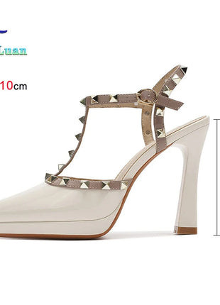 Scarpe con tacco sexy con rivetti Sandali con tacco alto da 10 cm Sandali con tacco alto da sera Sandali con tacco a spillo color nudo semplici con punta a punta platinumshop