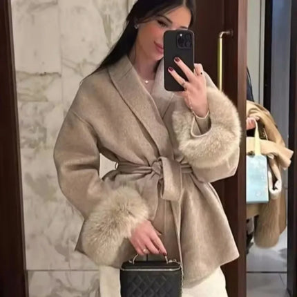 High End Double-sided Wool Strapping Real Wool Fur Coat Women's Removable Cuffs Fox Fur Temperament Cashmere Short Jacket
