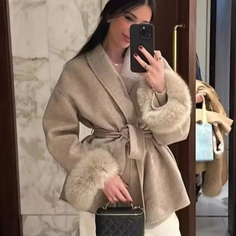 High End Double-sided Wool Strapping Real Wool Fur Coat Women's Removable Cuffs Fox Fur Temperament Cashmere Short Jacket