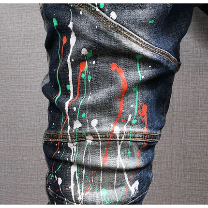 Fashion Streetwear Men Jeans Retro Black Blue Elastic Slim Fit Ripped Jeans Men Spliced Designer Embroidery Hip Hop Denim Pants PlatiNum
