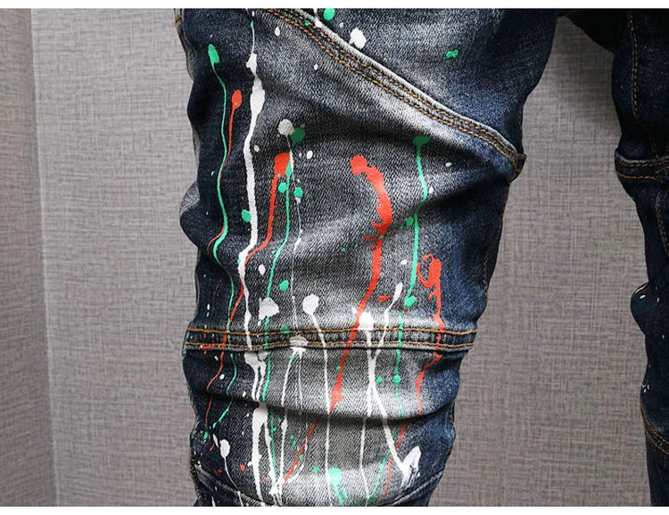 Fashion Streetwear Men Jeans Retro Black Blue Elastic Slim Fit Ripped Jeans Men Spliced Designer Embroidery Hip Hop Denim Pants PlatiNum