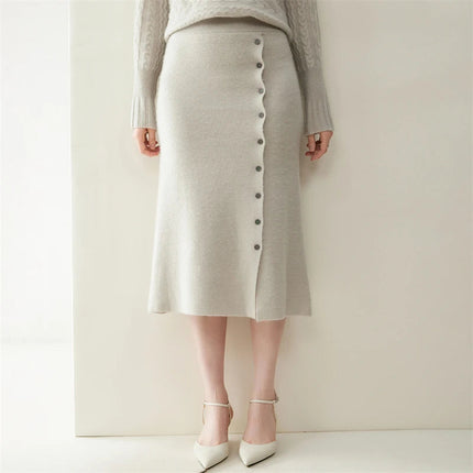 Women 100% Cashmere Skirts Office Lady Autumn Winter Knitted High Waist A-Skirt Graceful Long Warm front-open skirt with buttons PlatiNum
