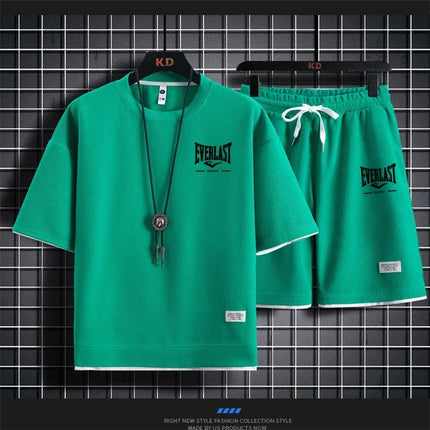 Men's Summer Outfit High Quality Round Neck Men's T-shirt 2-Piece Shorts Set Quick Dry Running Leisure.