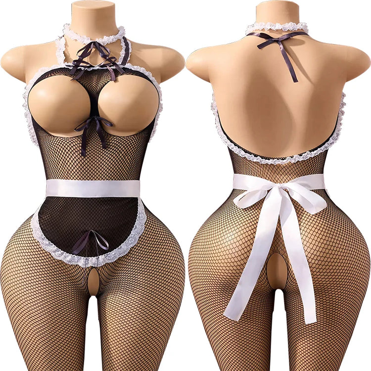 Erotic Open Bras Maid Baby Dolls Dress With Exposed Breast Sexy Crotchless Lingerie Sets Women Fishnet Hollow Full Bodystockings