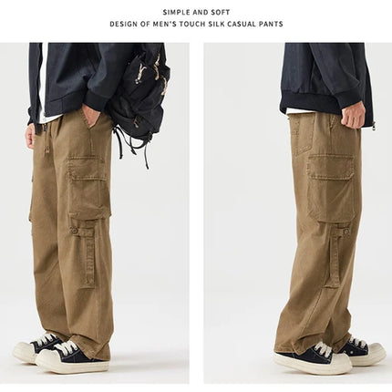 Autumn New Cargo Loose Multi-pockets 100% Cotton Straight Pants for Men Clothing Comfort Zipper Male Trouser GF258113