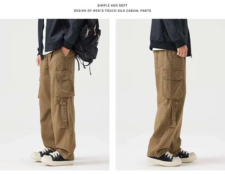 Autumn New Cargo Loose Multi-pockets 100% Cotton Straight Pants for Men Clothing Comfort Zipper Male Trouser GF258113