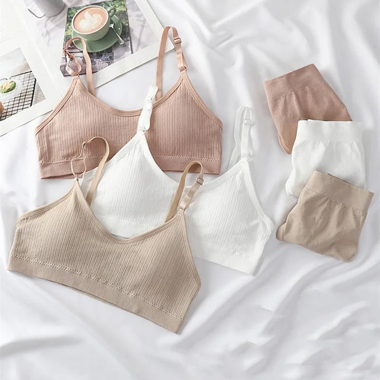 Women Seamless Bra And Panties Set Sexy Lingerie High Waist Thong Comfy Wire Free Bra Female Solid Color Ribbed Underwear Set