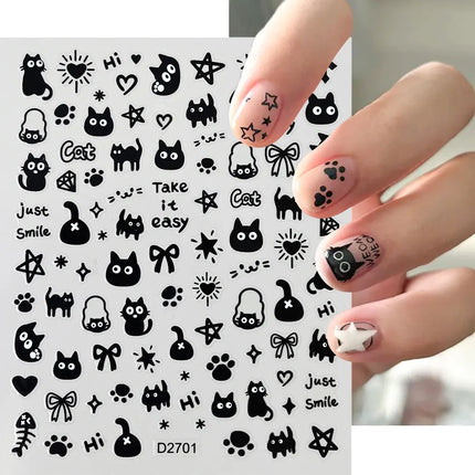 4pcs/set 3D Cute Cartoon Black Cat Nail Stickers Funny Cat Paw/Bowtie Self-Adhesive Nail Art Decals Manicure Accessories DIY 8*1