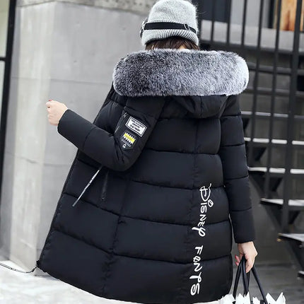 Women Winter Fur Collar Hooded Parka Coats Fashion Letter Patch Zipper Long Jacket Elegant Slim Warm Thick Female Snow Outerwear