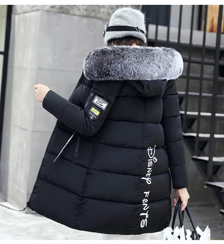 Women Winter Fur Collar Hooded Parka Coats Fashion Letter Patch Zipper Long Jacket Elegant Slim Warm Thick Female Snow Outerwear