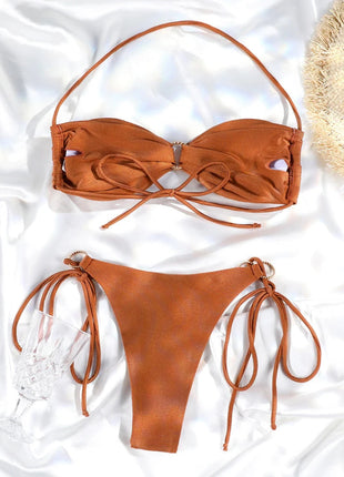 Set Bikini a Fascia da Donna con Pieghe, Costume da Bagno Sexy con Laccetti, Bikini Brasiliano con Bendaggio, Abbigliamento da Spiaggia platinumshop
