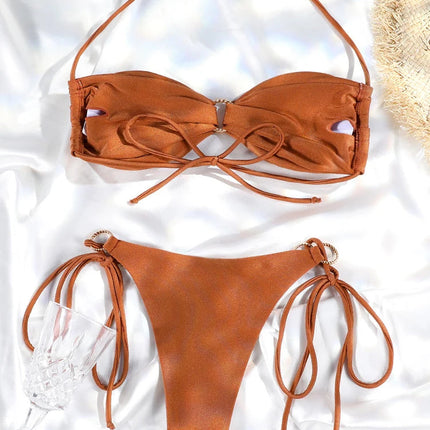 Set Bikini a Fascia da Donna con Pieghe, Costume da Bagno Sexy con Laccetti, Bikini Brasiliano con Bendaggio, Abbigliamento da Spiaggia platinumshop